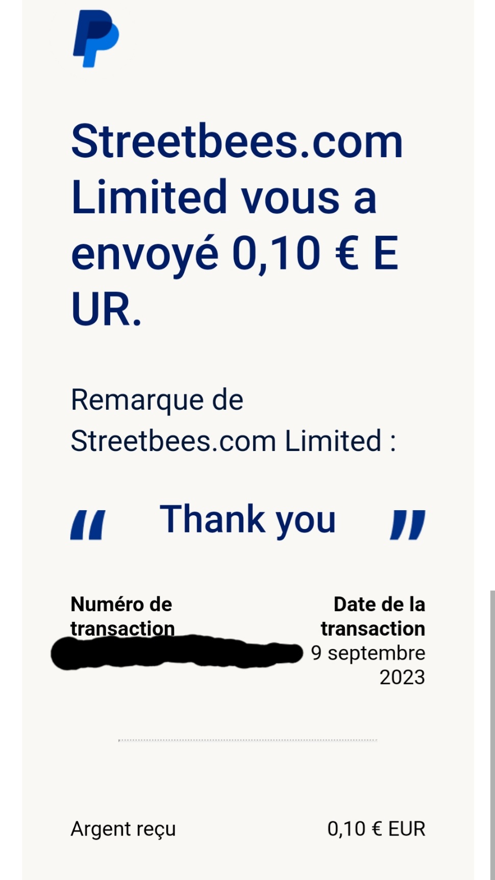 Preuve de paiement Streetbees de Kelly68