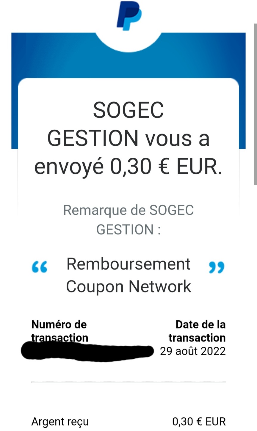 Preuve de paiement Coupon network de Kelly68