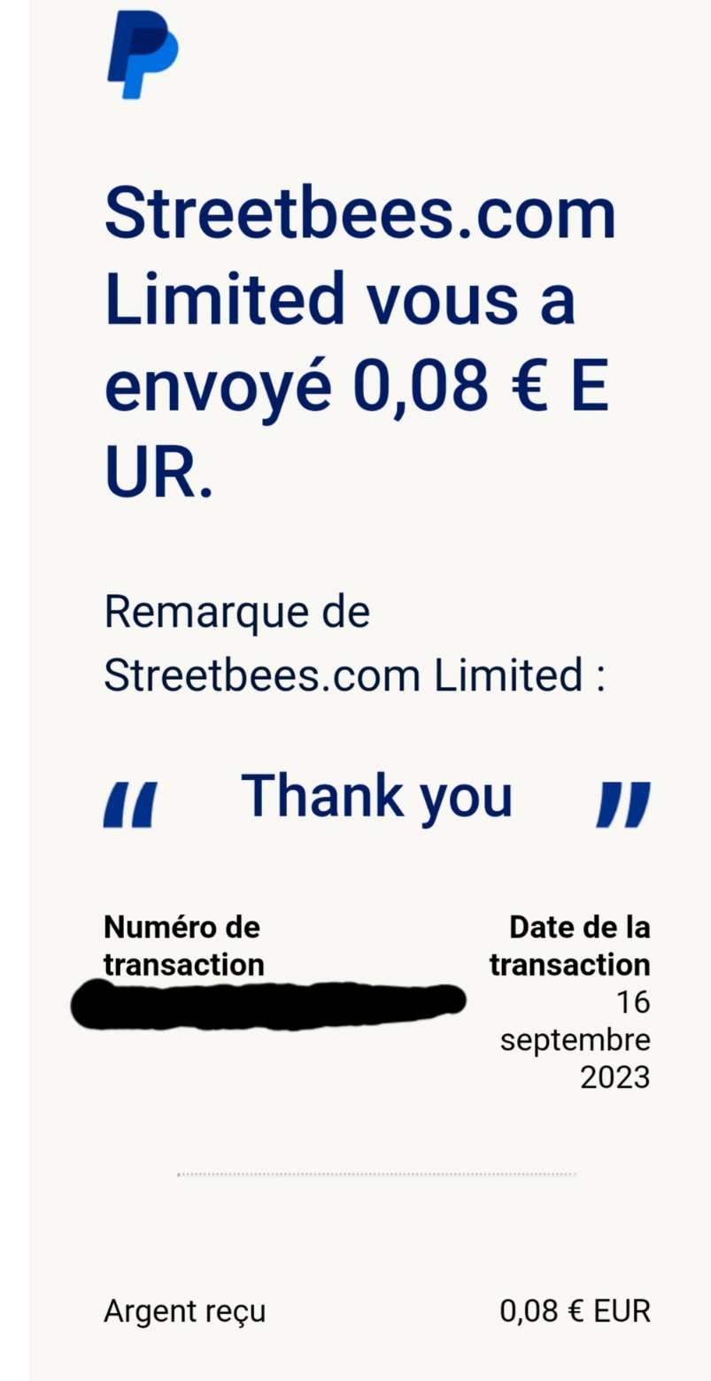 Preuve de paiement Streetbees de Kelly68