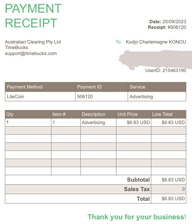 Preuve de paiement Timebucks de Charlas