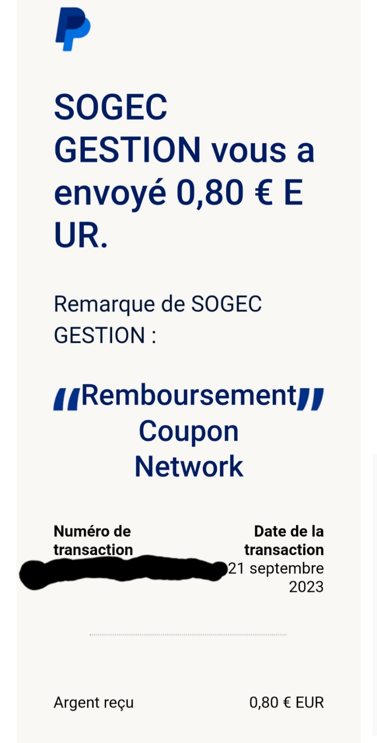 Preuve de paiement Coupon network de Kelly68