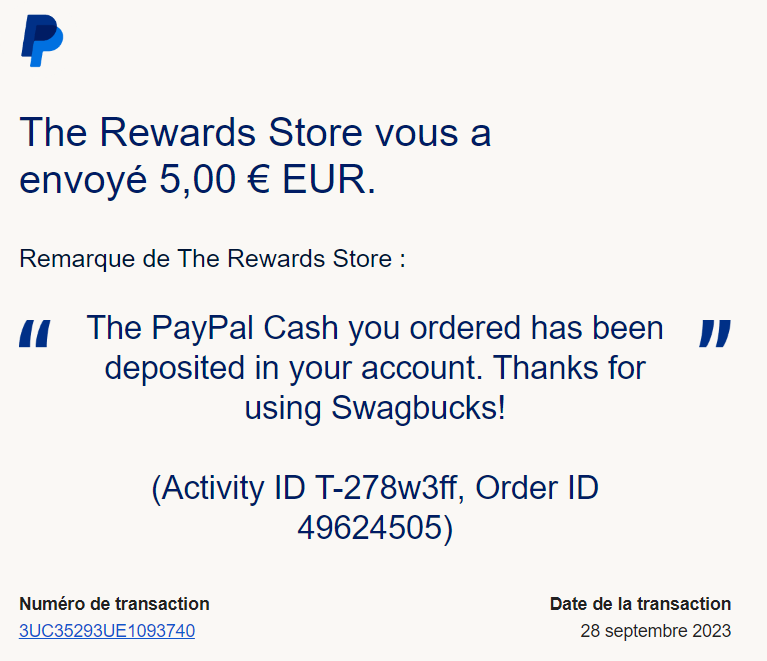 Preuve de paiement Swagbucks de Xandre