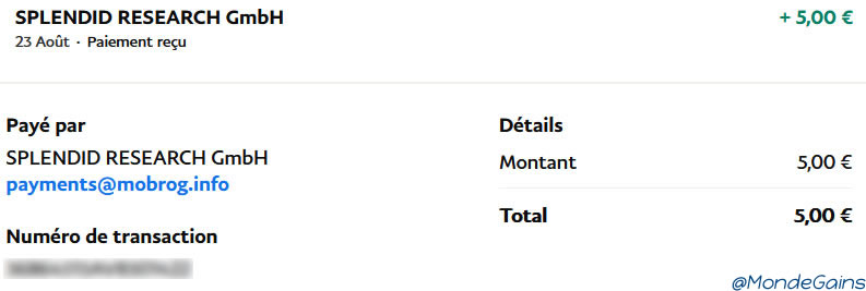 Preuve de paiement Mobrog de mondegains