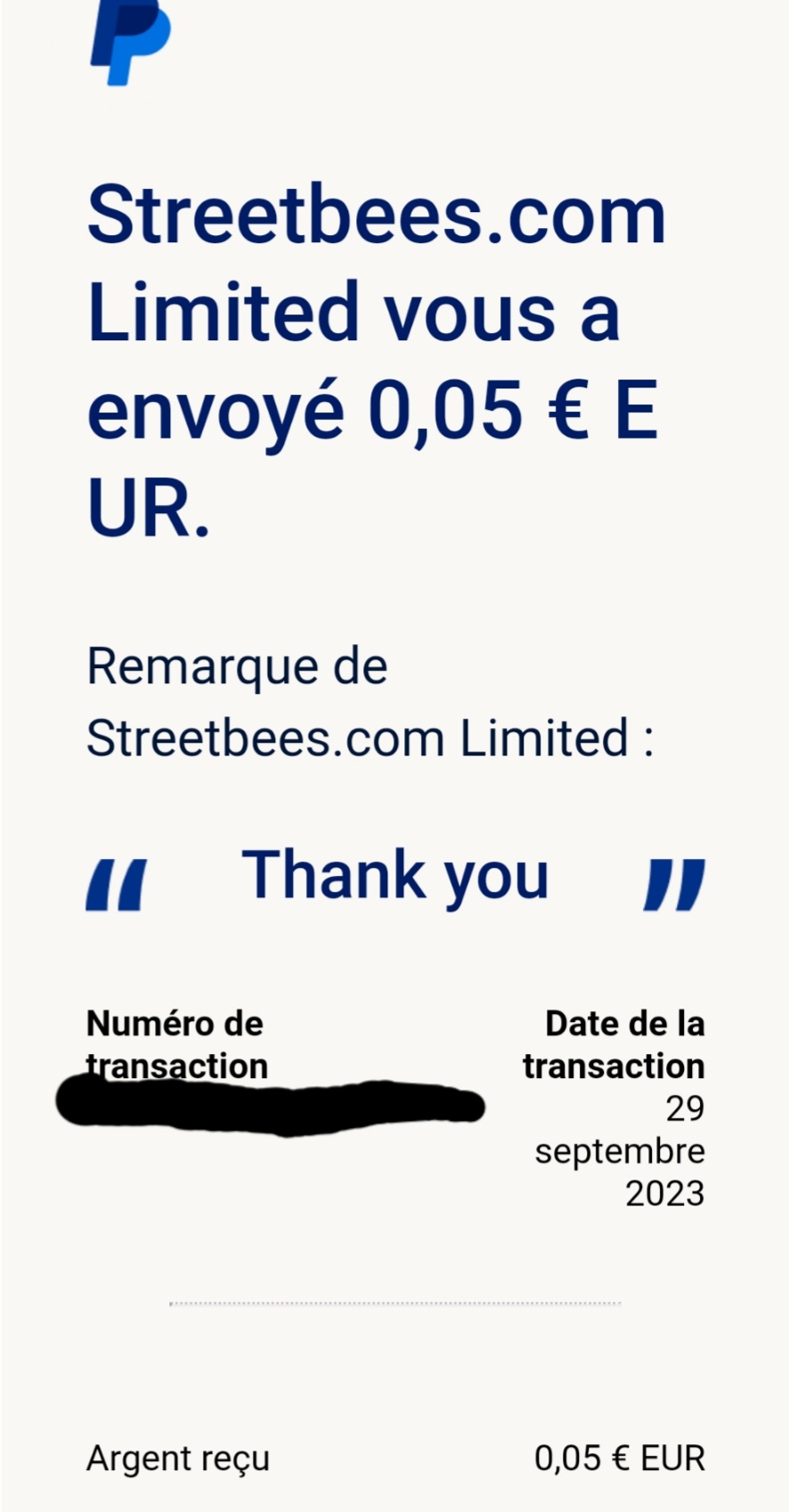 Preuve de paiement Streetbees de Kelly68