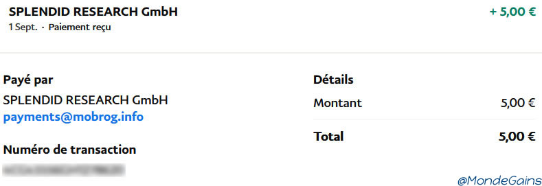 Preuve de paiement Mobrog de mondegains