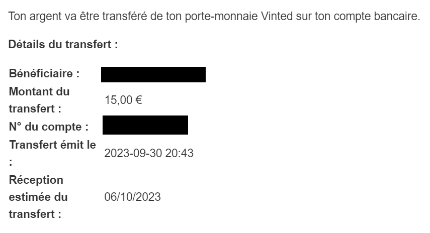 Preuve de paiement Vinted de Xandre