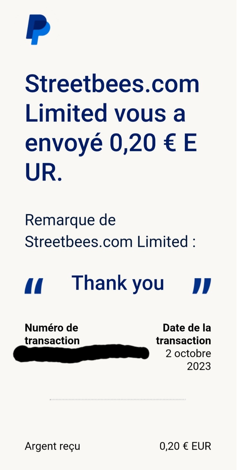 Preuve de paiement Streetbees de Kelly68