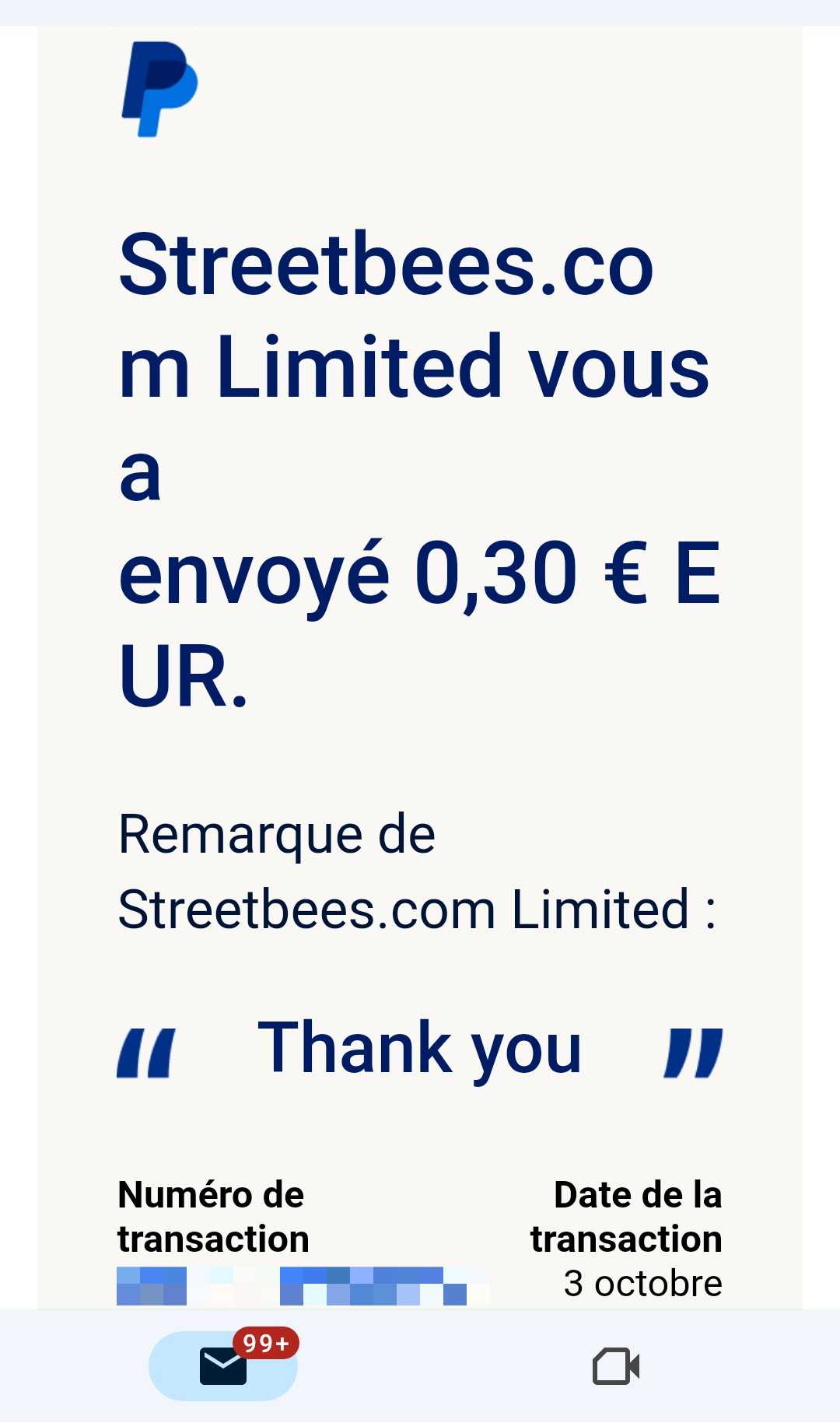 Preuve de paiement Streetbees de Up22