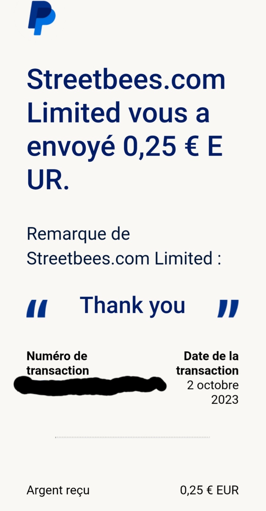 Preuve de paiement Streetbees de Kelly68