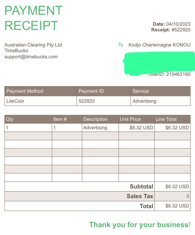 Preuve de paiement Timebucks de Charlas