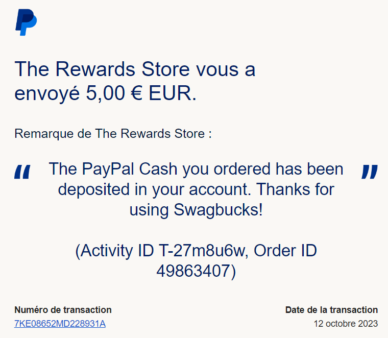 Preuve de paiement Swagbucks de Xandre