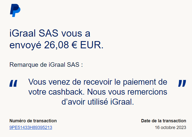 Preuve de paiement IGraal de Xandre