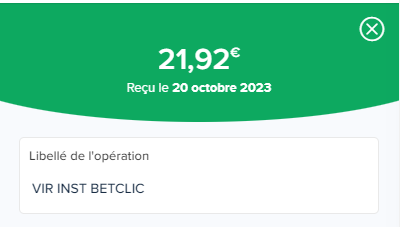 Preuve de paiement Betclic de PlaneteBonus