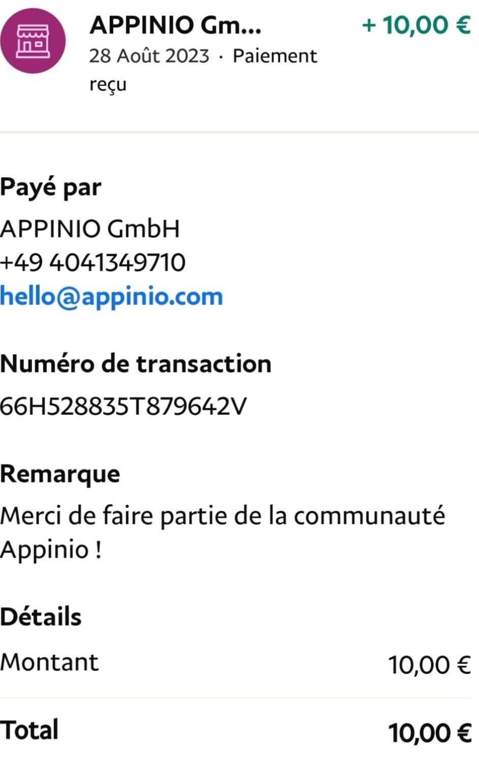 Preuve de paiement Appinio de romu121288