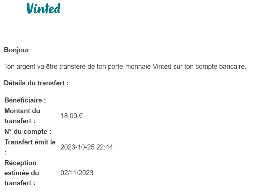 Preuve de paiement Vinted de Xandre