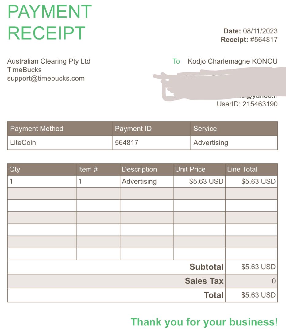 Preuve de paiement Timebucks de Charlas