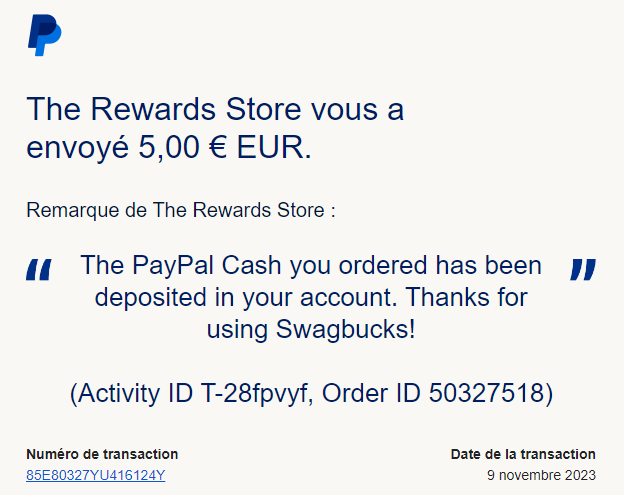 Preuve de paiement Swagbucks de Xandre