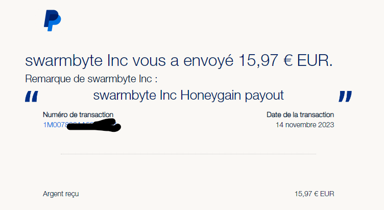 Preuve de paiement Honeygain de Charlie76250