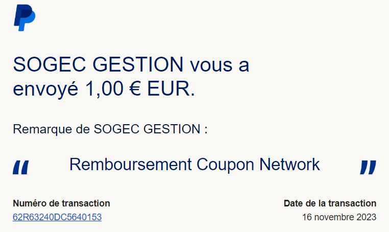 Preuve de paiement Coupon network de Xandre