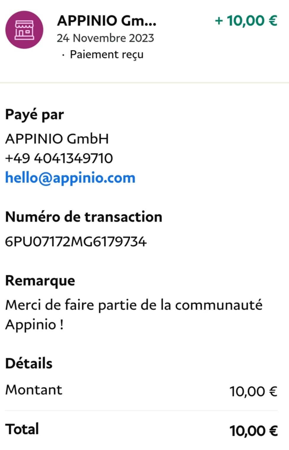 Preuve de paiement Appinio de romu121288