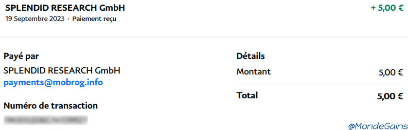 Preuve de paiement Mobrog de mondegains