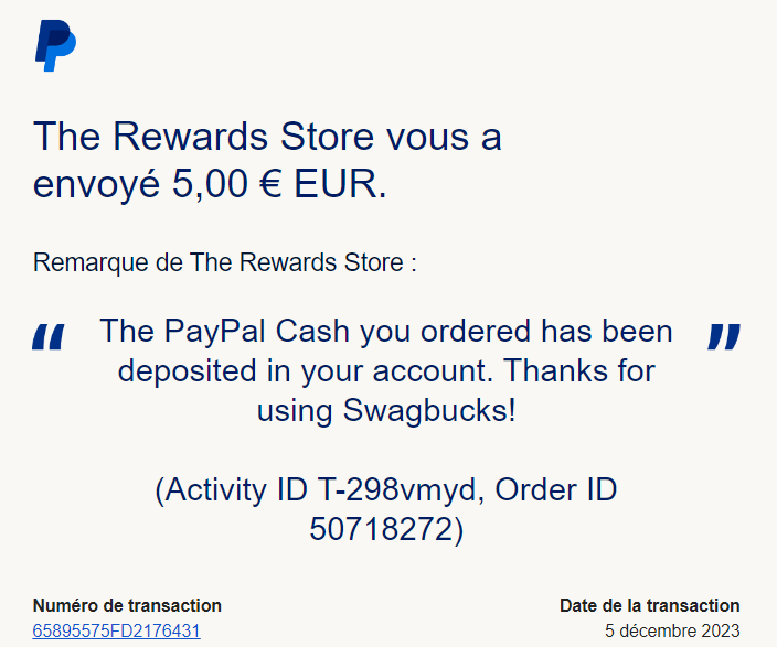 Preuve de paiement Swagbucks de Xandre