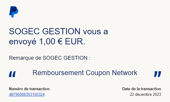 Preuve de paiement Coupon network de Xandre