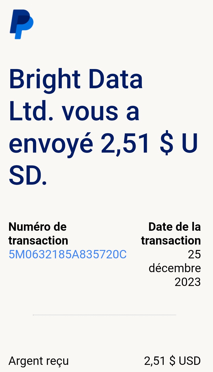 Preuve de paiement Bright data earnapp de Up22