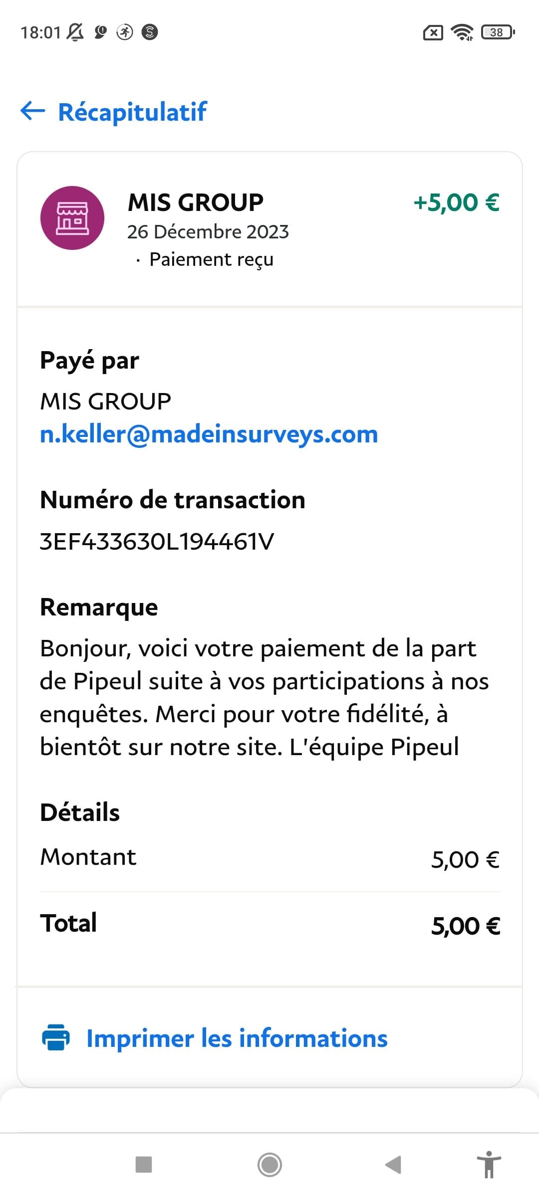 Preuve de paiement Pipeul de romu121288