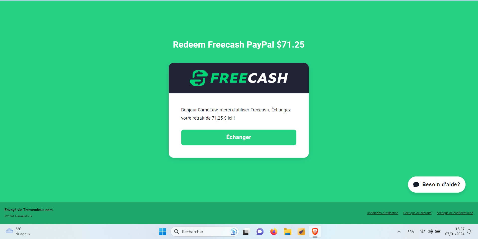 Preuve de paiement Freecash de SamoLaw