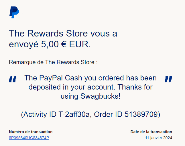 Preuve de paiement Swagbucks de Xandre