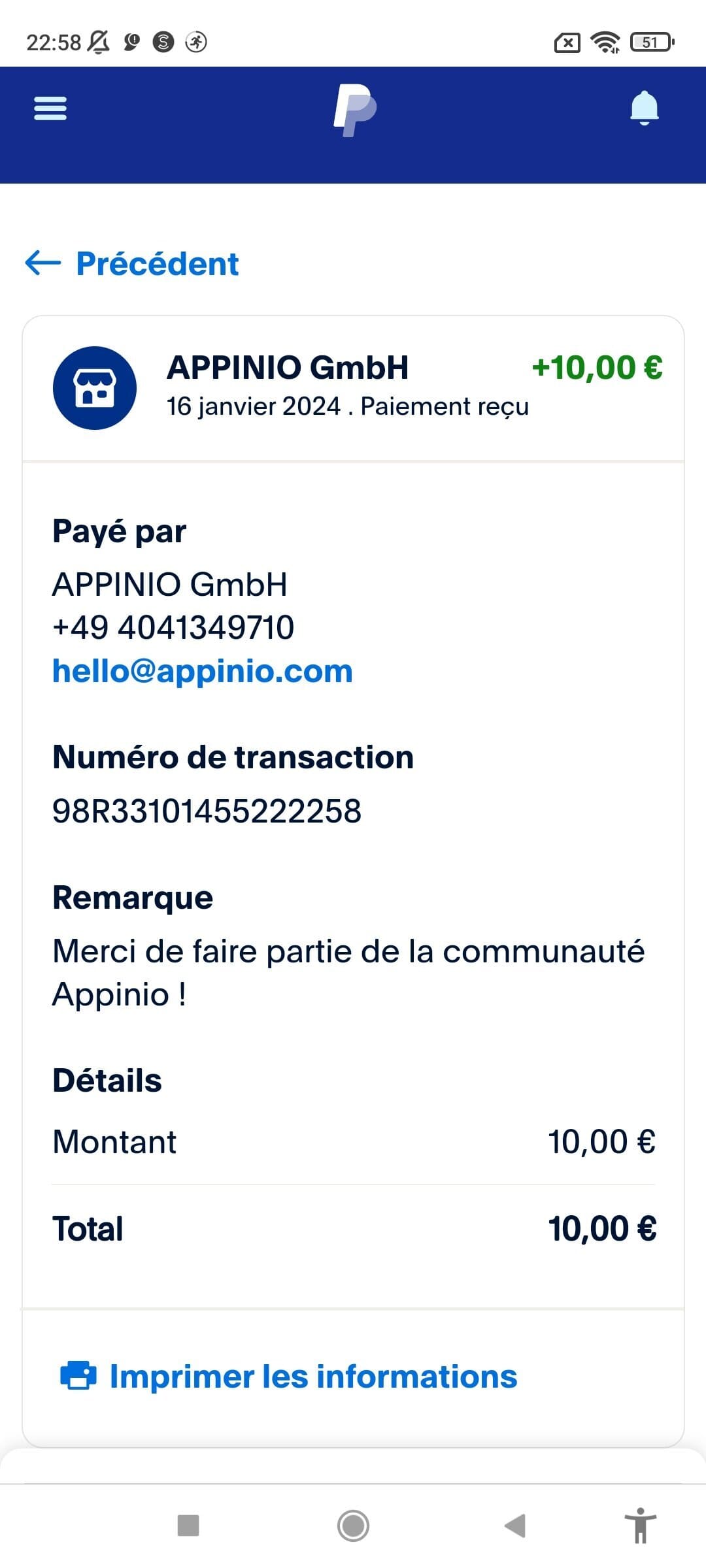 Preuve de paiement Appinio de romu121288