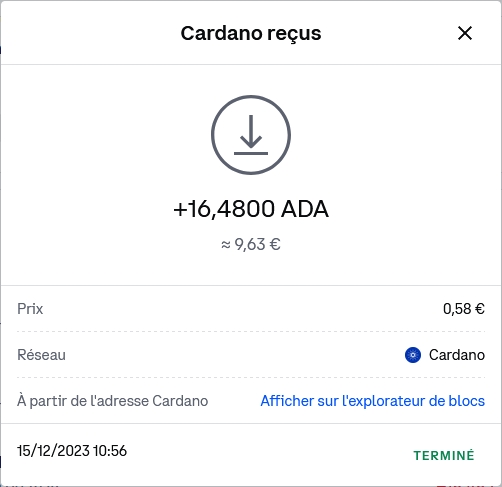 Preuve de paiement Freecardano un faucet-cardano (ada) de caffrys