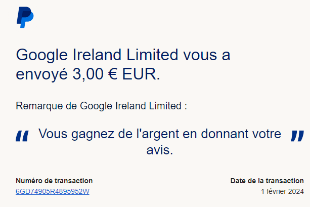 Preuve de paiement Google Opinion Reward de Xandre