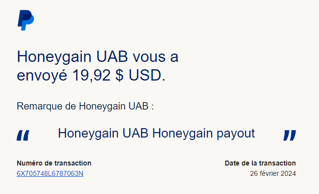 Preuve de paiement Honeygain de Xandre