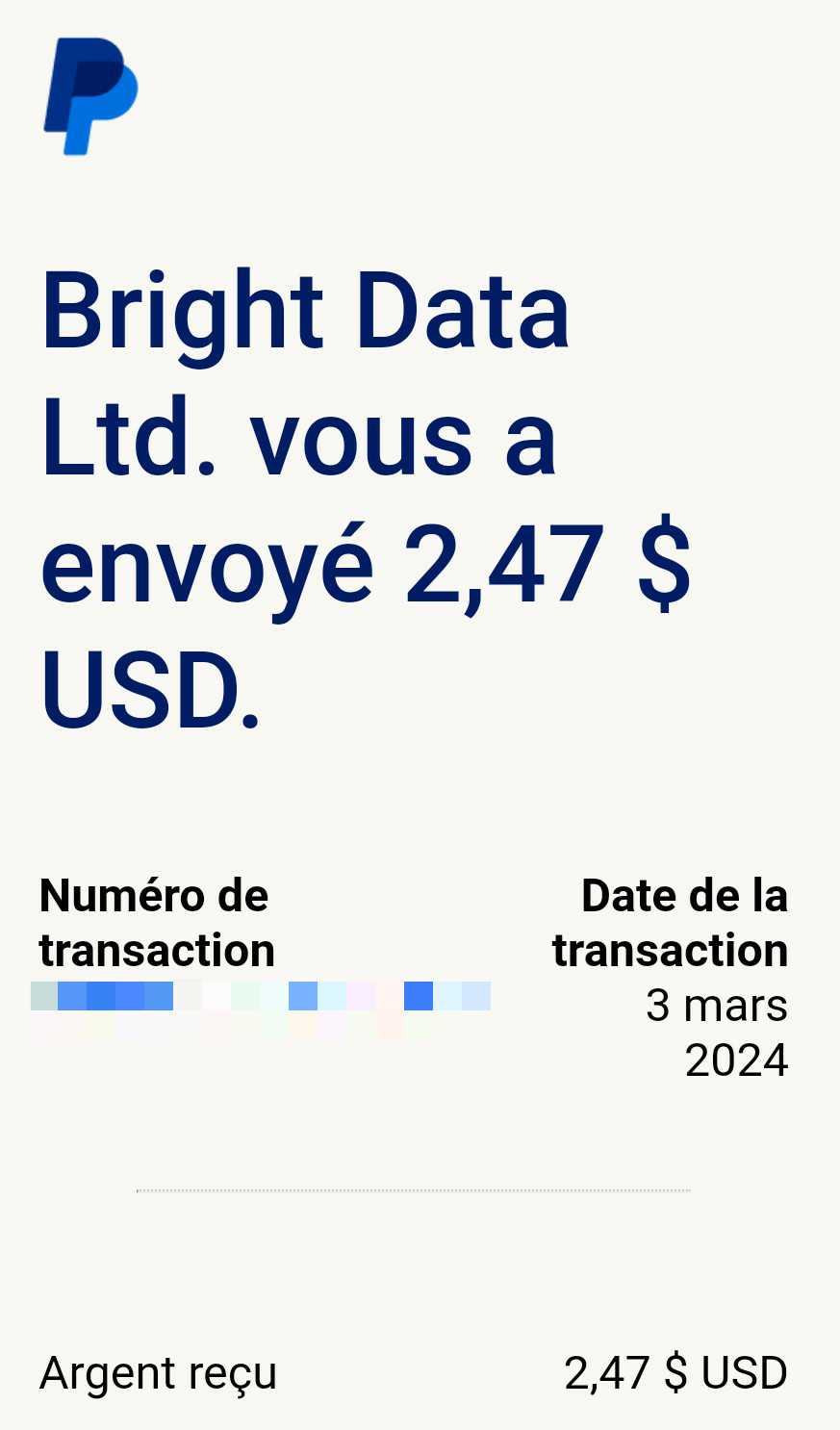 Preuve de paiement Bright data earnapp de Up22