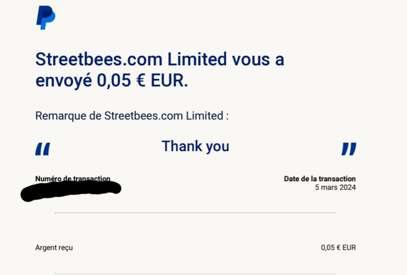 Preuve de paiement Streetbees de Kelly68