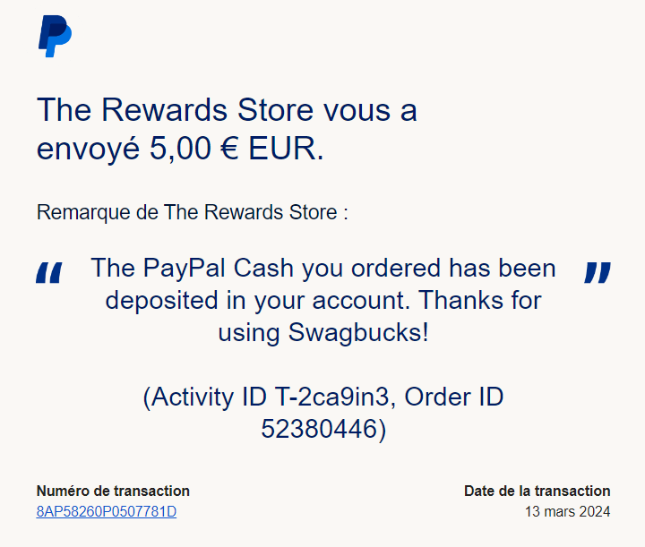 Preuve de paiement Swagbucks de Xandre