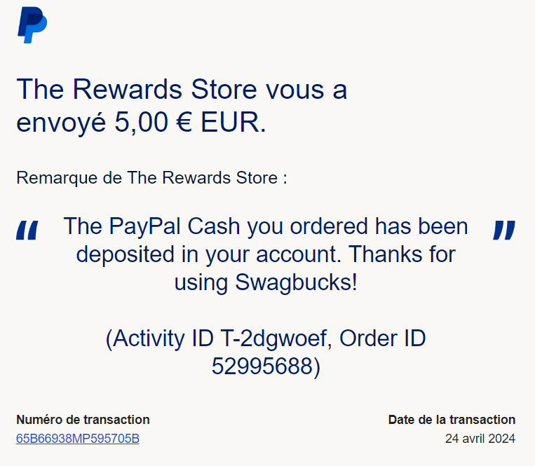 Preuve de paiement Swagbucks de Xandre