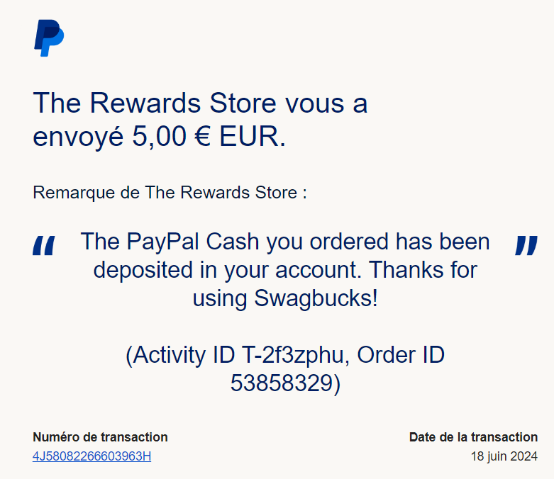 Preuve de paiement Swagbucks de Xandre