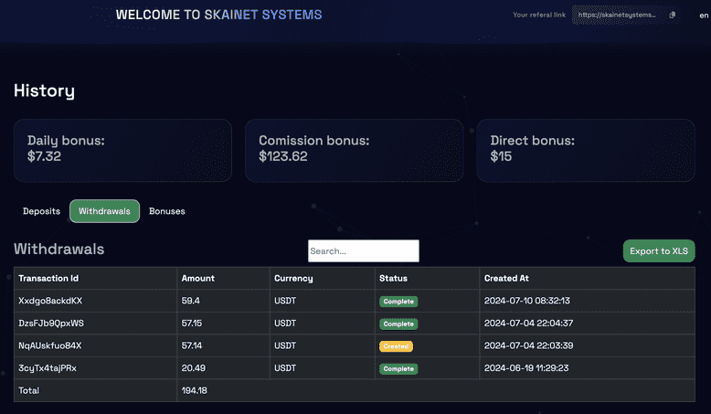 Preuve de paiement Skainet systems de Wasabi