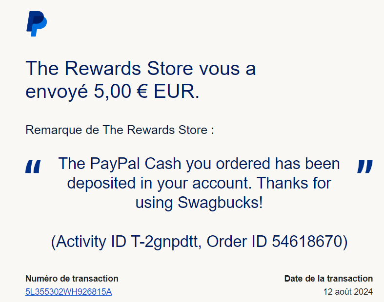 Preuve de paiement Swagbucks de Xandre