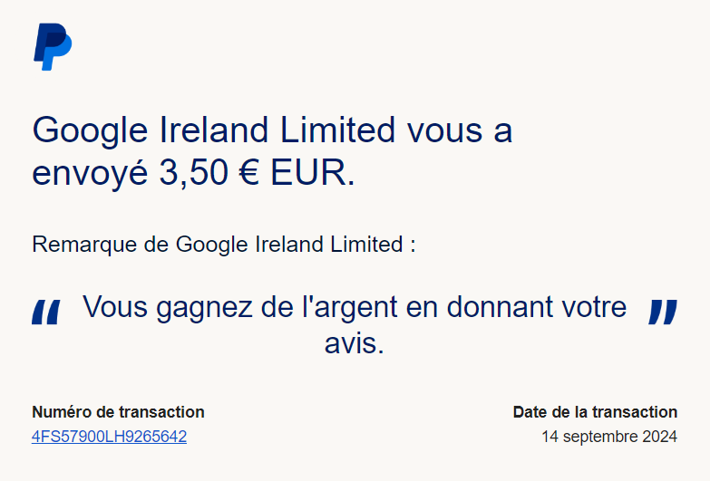 Preuve de paiement Google Opinion Reward de Xandre