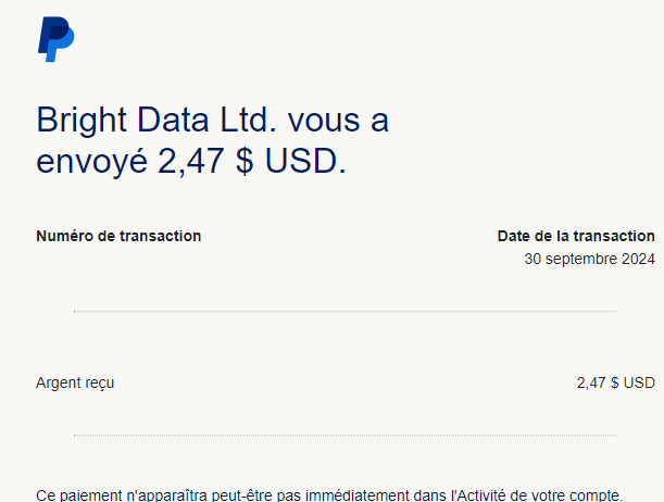 Preuve de paiement Bright data earnapp de darkray0110