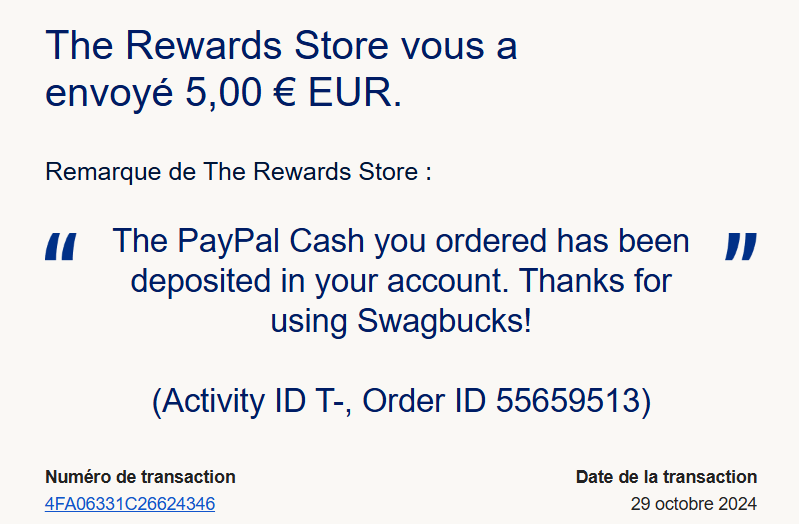 Preuve de paiement Swagbucks de Xandre