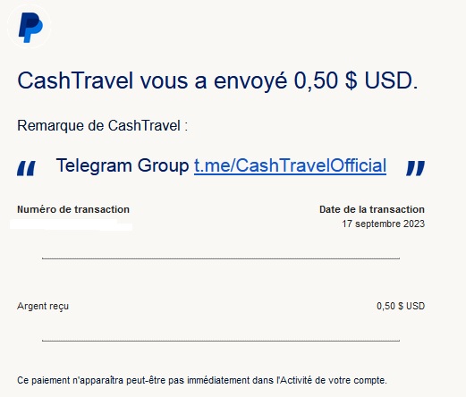 Preuve de paiement Cashtravel de mloai