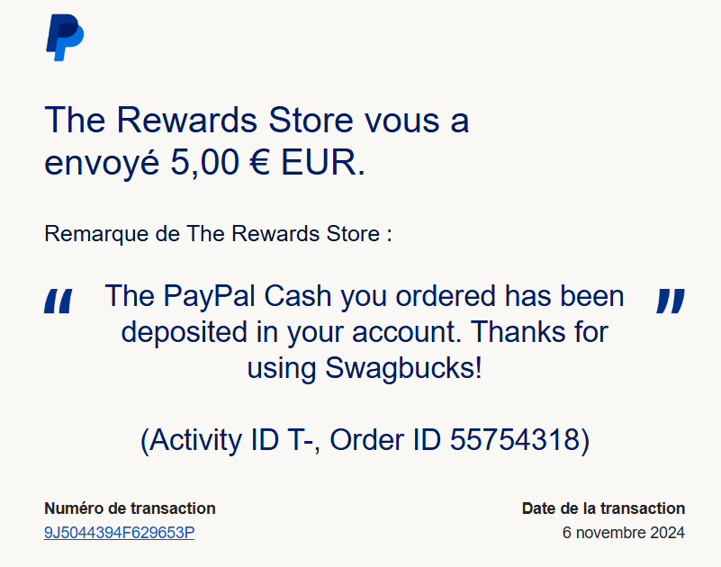 Preuve de paiement Swagbucks de Xandre