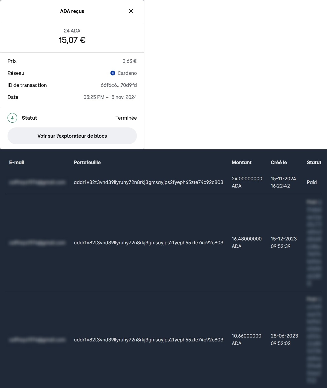 Preuve de paiement Freecardano un faucet-cardano (ada) de caffrys