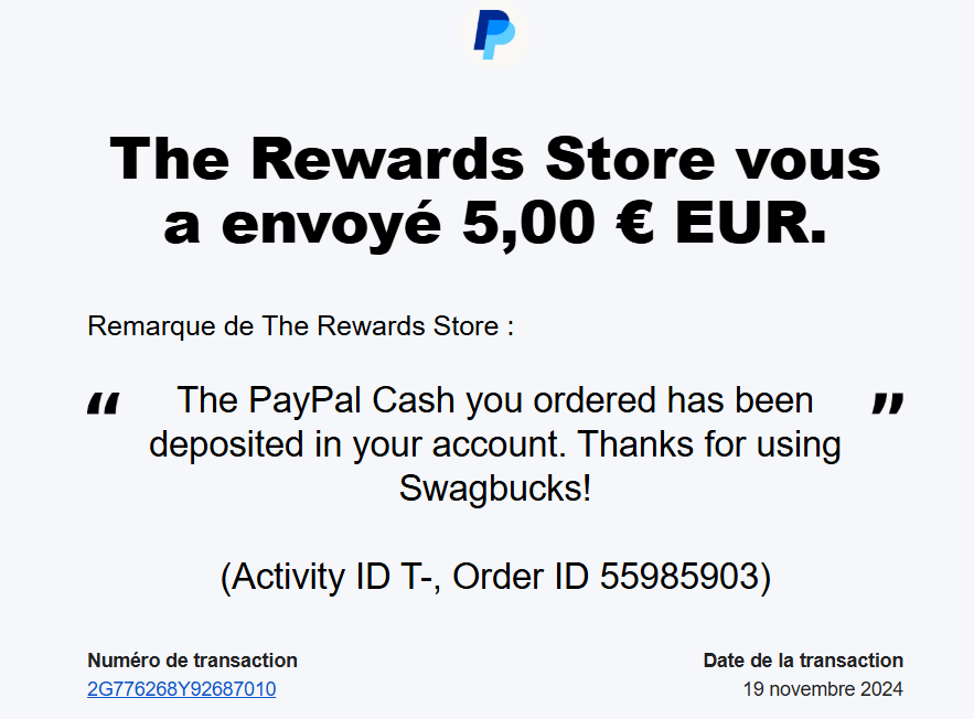 Preuve de paiement Swagbucks de Xandre