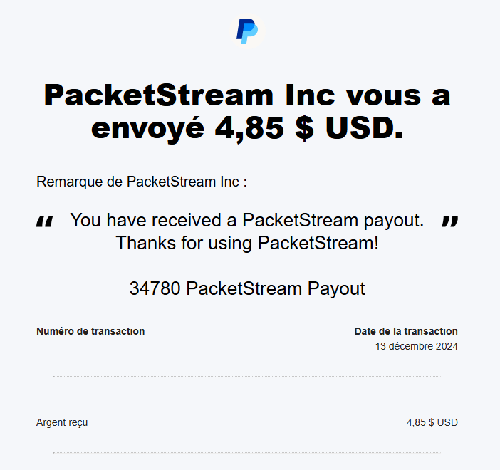 Preuve de paiement Packetstream de darkray0110